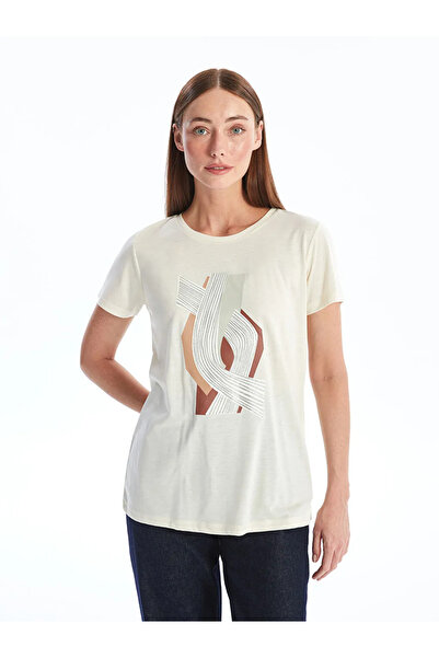 LC Waikiki Lcwaikiki Basic Beige Crew Neck Printed Short Sleeve Women's T-Shirt