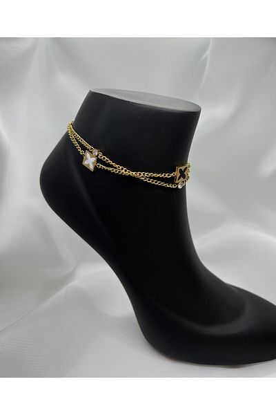 Mila Lumiere Minimal Modern Design Double Chain Zircon Stone Square Motif Gold Gold Color Steel Anklet
