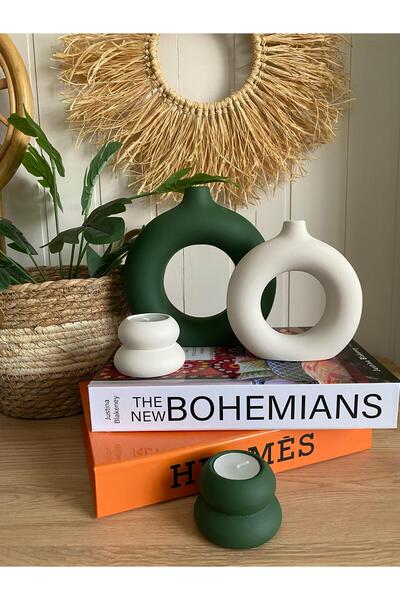 Porselian Set decorativ de 4 vaze și suporturi pentru lumânări, verde boem, b...