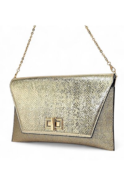Evident Gold Fish Scale Patterned Women's Portfolio & Clutch Bag with Cover Lock Detail