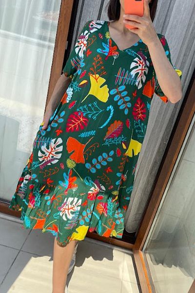 AYASOFYA OTANTIK Women's Green V Neck Pocket Pattern Half Sleeve Midi Dress