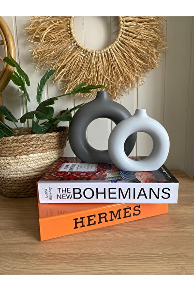 Porselian Set de 2 vaze Bohemian Ring gri și crem (MARE 18X18CM, MIC 14X13,5CM)