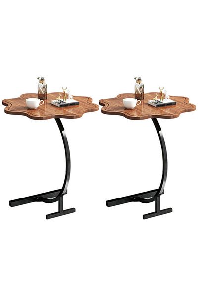 Generic 2-Pieces Modern Coffee Table C-Shaped Side Table with Wood Top in Flower Shape and Metal Frame Brown
