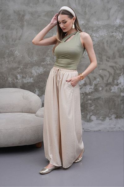 MODAMOR Textured Wide Leg Pants Light Beige