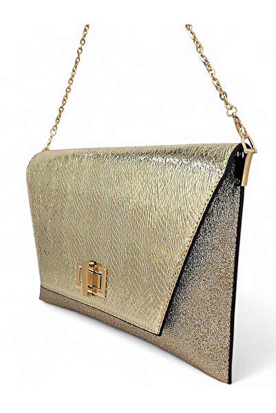Evident Gold Fish Scale Patterned Women's Portfolio & Clutch Bag with Cover Lock Detail