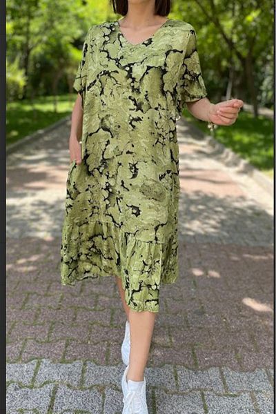 AYASOFYA OTANTIK Women's Pistachio Green V Neck Pocket Patterned Half Sleeve Midi Dress