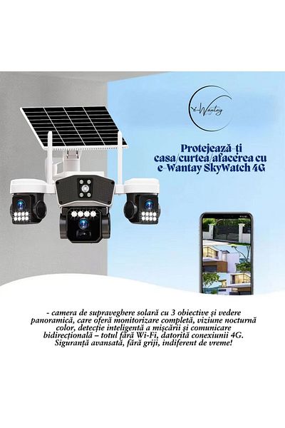 e-Wantay Cameră Supraveghere 4g 3 În 1, 3x3mp, Sim, Solar, Pir, 16000mah, Noapte Color, Card 64gb