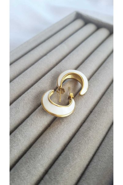 İNİTİUM Vip Series White Enamel Gold Hoop Earrings