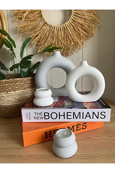 Porselian Decorative Set of 4 Bohemian Vase & Candle Holder | 2-Piece Ring Vase 2-Piece Candle Holder | Home Accessory Set