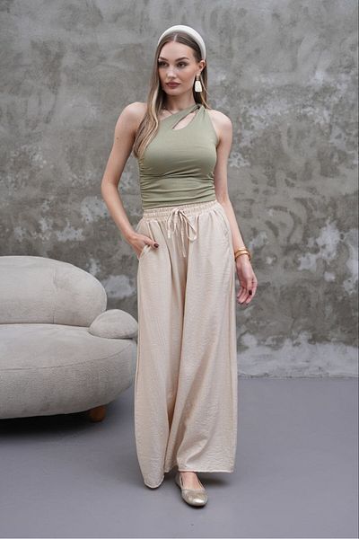 MODAMOR Textured Wide Leg Pants Light Beige