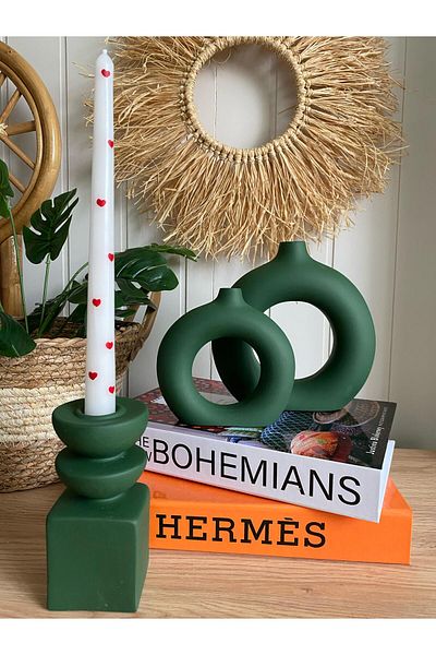 Porselian Decorative 3-Piece Bohemian Set Vase, 2 Ring Vases, 1 Candle Holder