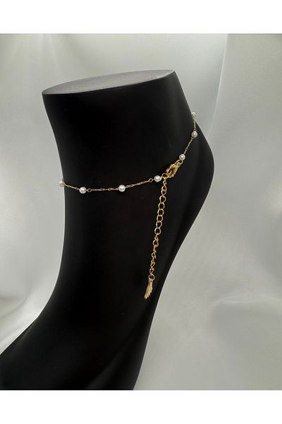 Mila Lumiere Modern Stylish Zircon Stone and Pearl Detailed Bow Figure Gold Color Steel Anklet