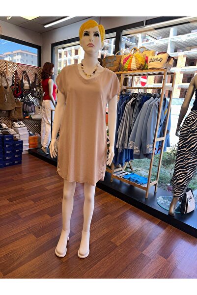 DOLCE QUEEN Women's V-Neck Short Sleeve Dress Beige Plus Size