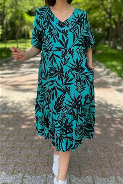 AYASOFYA OTANTIK Women's Turquoise Black V Neck Pocket Patterned Half Sleeve Midi Dress