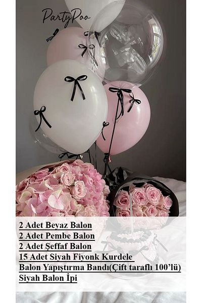 PartyPoo 2 Pink 2 White 2 Transparent Balloon Set + 15 Black Bow Ribbon Bow Balloon, Ribbon Balloon