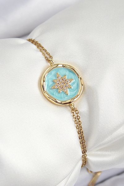 shopwave 316L Steel Chain Turquoise Enamel Artistic Portrait North Star Model Gold Color Women's Bracelet