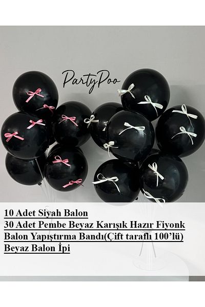 PartyPoo Black Balloon Set of 10 and White and Pink Bow Birthday Set Bow Balloon, Ribbon Balloon