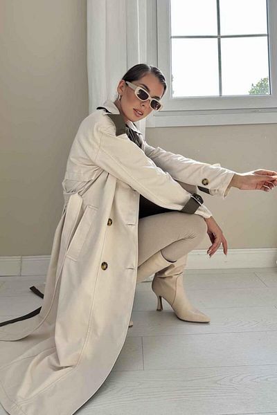 McA all inclusive Beige Khaki Trench Coat with Stripes and Belt on the Back