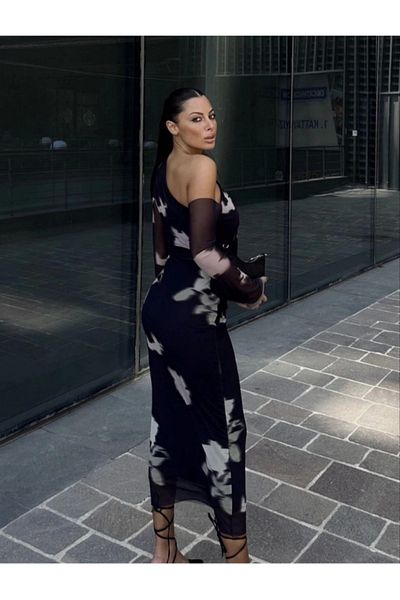 ruum fashions Rochie lungă din șifon cu un singur umăr - neagră