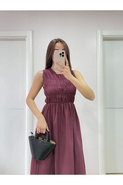 ruum fashions Sleeveless Chest Elastic 100% Poplin Long Dress - Burgundy