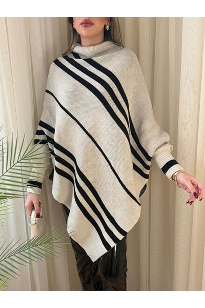 LUCKY LİFE Women's Long Bat Sleeve High Neck Asymmetrical Cut Knitwear Cloak Sweater