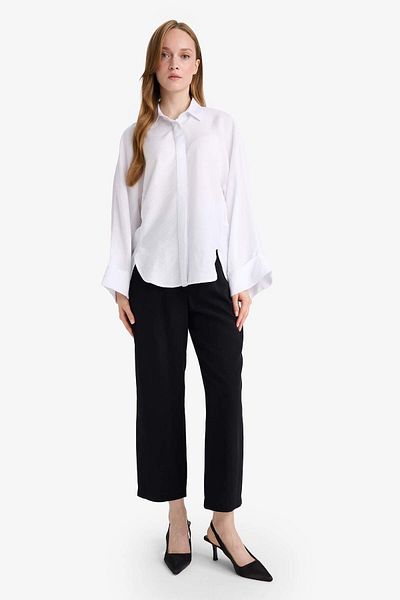 DeFacto Relax Fit Basic Plain Linen Blended Long Sleeve Hijab Shirt Tunic D9702Ax25Sm