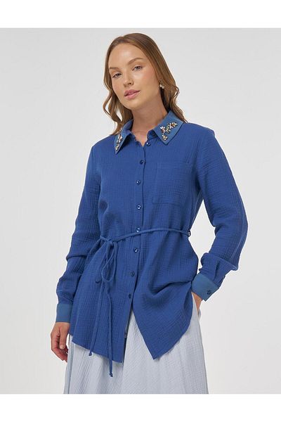 KYR Collar Stone Embroidered Muslin Tunic Indigo