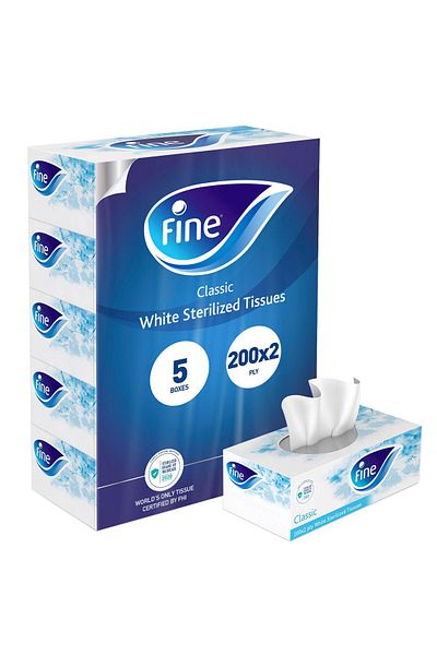 FINE White Sterilized Facial Tissue 2ply 5 x 200 Sheets Soft, Hygienic & Gentle for Daily Use