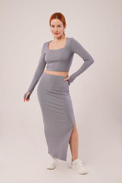ETİLER COLLECTION   Square Neck Blouse and Slit Detailed Skirt Pair Gray Suit