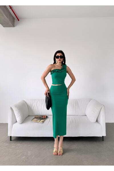 BEEMU One shoulder ruffle detailed skirt and blouse top bottom set
