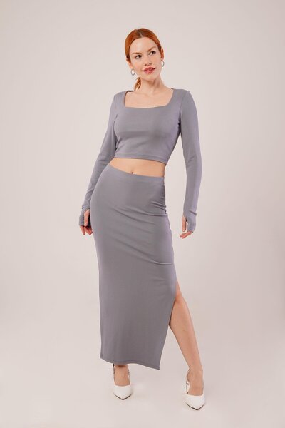 ETİLER COLLECTION   Square Neck Blouse and Slit Detailed Skirt Pair Gray Suit