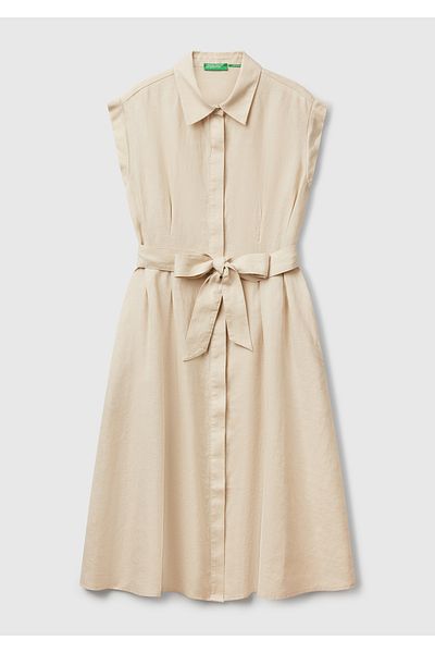 United Colors of Benetton Women's Stone Color 100% Linen Pleated Shirt Dress with Detachable Belt