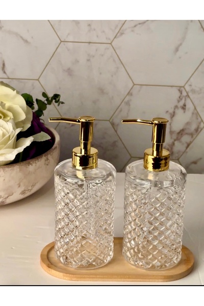 Kitchen Pembelia Bambu Standlı 2’li Gold Başlıklı Kristal Cam Sabunluk Set