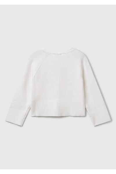 United Colors of Benetton Girl's White Viscose Blended Ribbed Motif V-Neck Cardigan