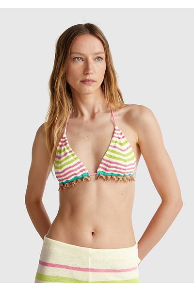 United Colors of Benetton Women's Pink Mix Striped Multicolor Knitwear Triangle Bikini Top