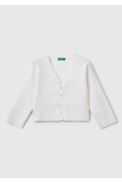 United Colors of Benetton Girl's White Viscose Blended Ribbed Motif V-Neck Cardigan