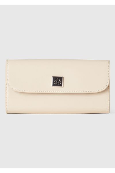 United Colors of Benetton Women's Stone Color Logo Metal Plate Snap Fastener Rectangular Wallet