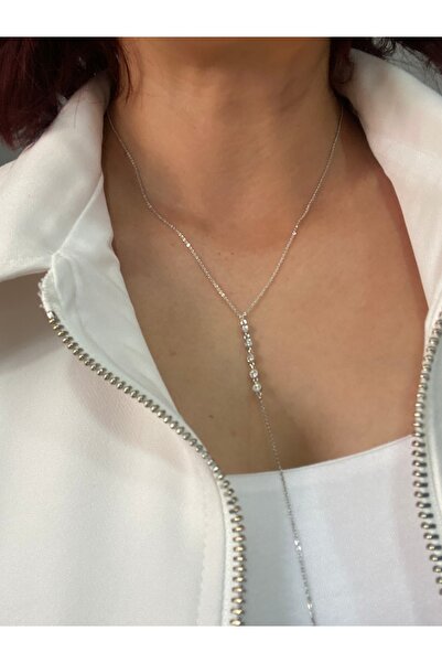 Byoz store قلادة على شكل حرف Y من الفولاذ المطلي بحجر الزركون وسلسلة فضية