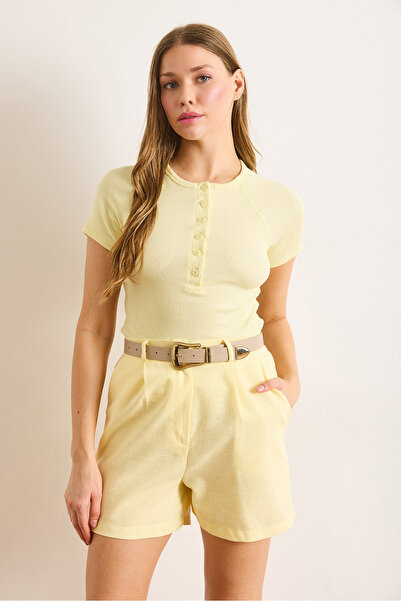 Olalook Women's Light Yellow Buttoned Raglan Sleeve Short Sleeve Blouse Blz-19002590