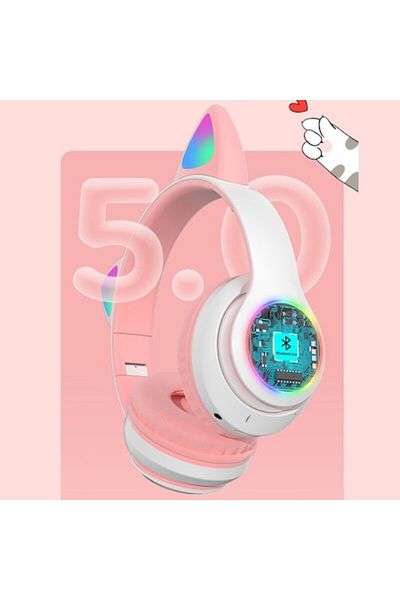 Andowl Q-MAX60 Cat Ear Headphones, Wireless, Stereo, RGB Lights, Bluetooth 5.0, SD Slot, Pink
