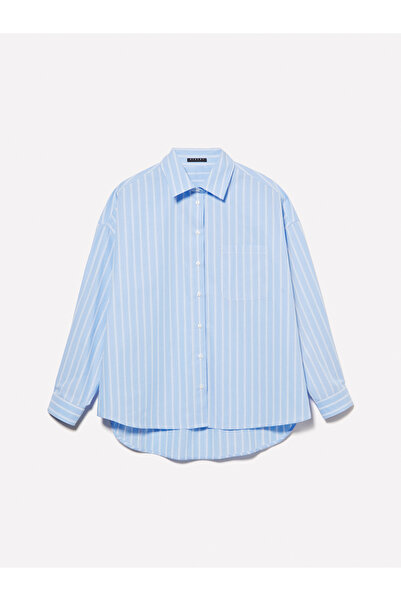 Sisley Cămașă de damă Blue Mix bumbac 100% cu dungi masculine din poplin