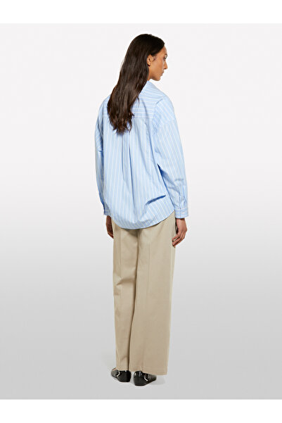 Sisley Cămașă de damă Blue Mix bumbac 100% cu dungi masculine din poplin