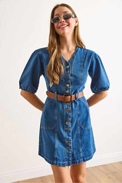 Olalook Kadın Mavi V Yaka Kemerli Cepli Mini Denim Elbise ELB-19002466
