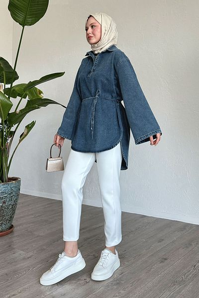 InStyle Wide Sleeve Drawstring Light Blue Denim Tunic