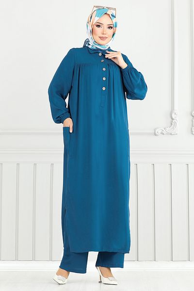 ModaMerve Half Button Viscose Suit 6061Uz1029-M Petrol