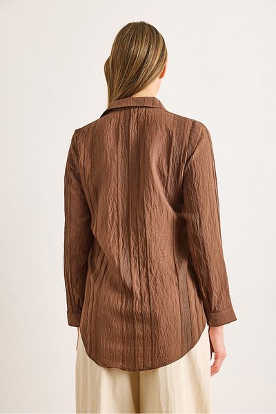 Olalook Дамска кафява риза с геометрични райета и детайли, широка, GML-19001335