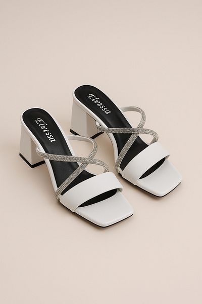 Elvessa Women's White 5 cm Thick Heeled Shoes Single Strap, Shiny Stone Decoration, Special Occasion & Daily Use