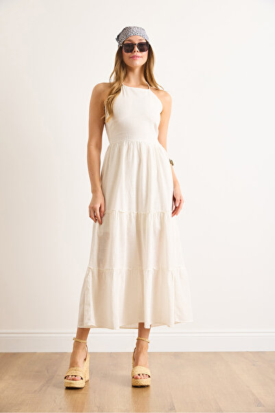 Olalook Women's White Halter Neck Lined Linen Look Dress Elb-19002461