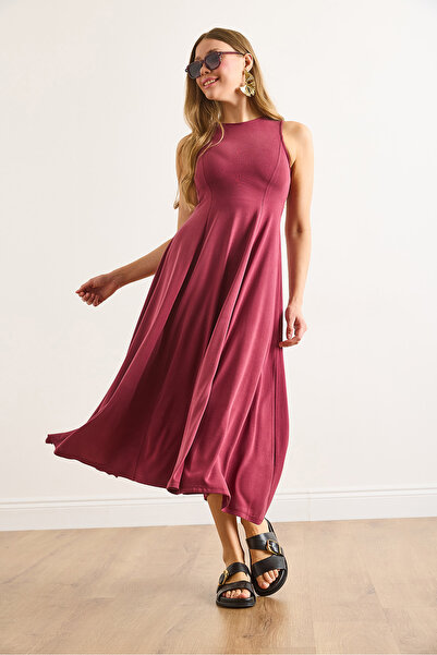 Olalook Γυναικείο μπορντό Modal Αμάνικο Μάξι Φόρεμα Καμπάνα ELB-19002473