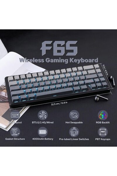 Epomaker لوحة مفاتيح ميكانيكية لاسلكية x Aula F65 65%، مزودة بحشية قابلة للتبديل السريع، لوحة مفاتيح مخصصة للألعاب